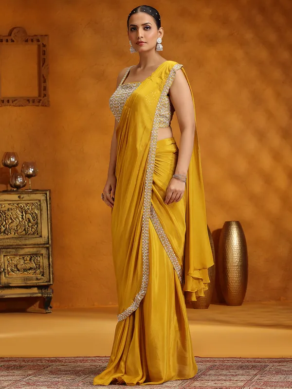 Mustard yellow ready to wear saree in chinon silk
