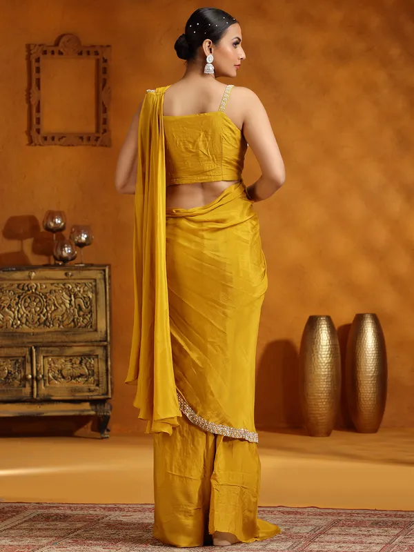 Mustard yellow ready to wear saree in chinon silk