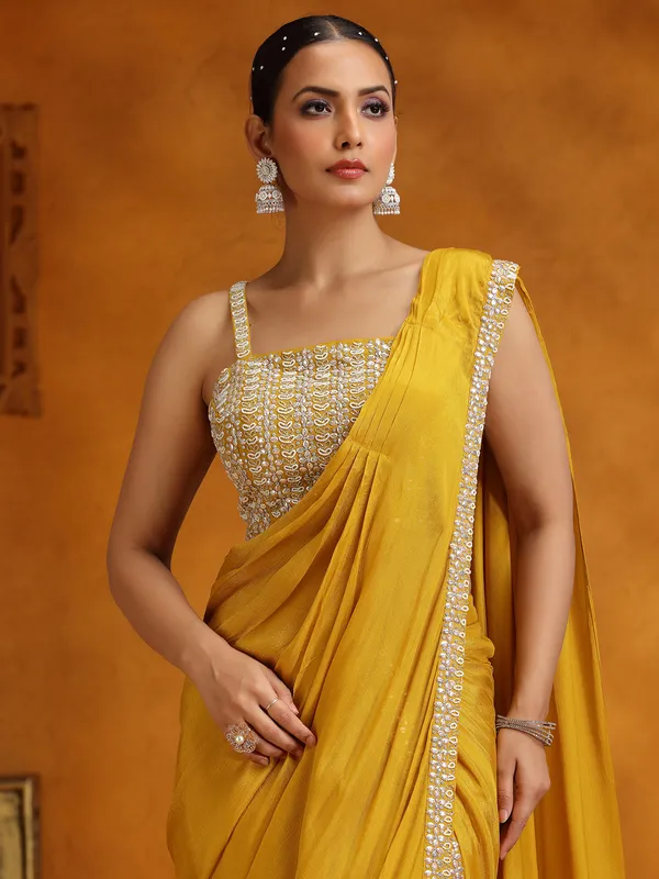 Mustard yellow ready to wear saree in chinon silk
