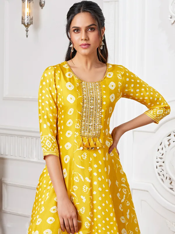 Mustard yellow russian silk anarkali suit