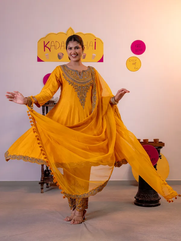 Mustard yellow salwar suit in premium silk
