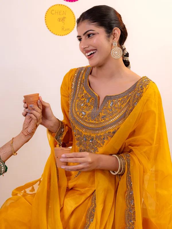 Mustard yellow salwar suit in premium silk