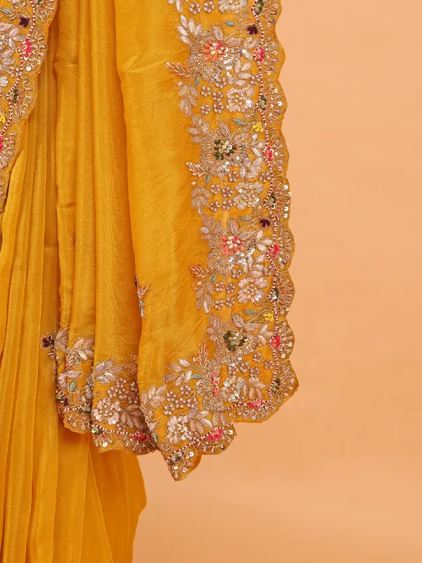 Mustard yellow saree in shimmer tissue silk