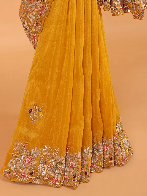 Mustard yellow saree in shimmer tissue silk