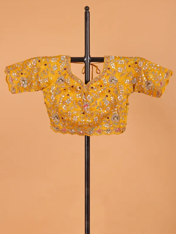 Mustard yellow saree in shimmer tissue silk