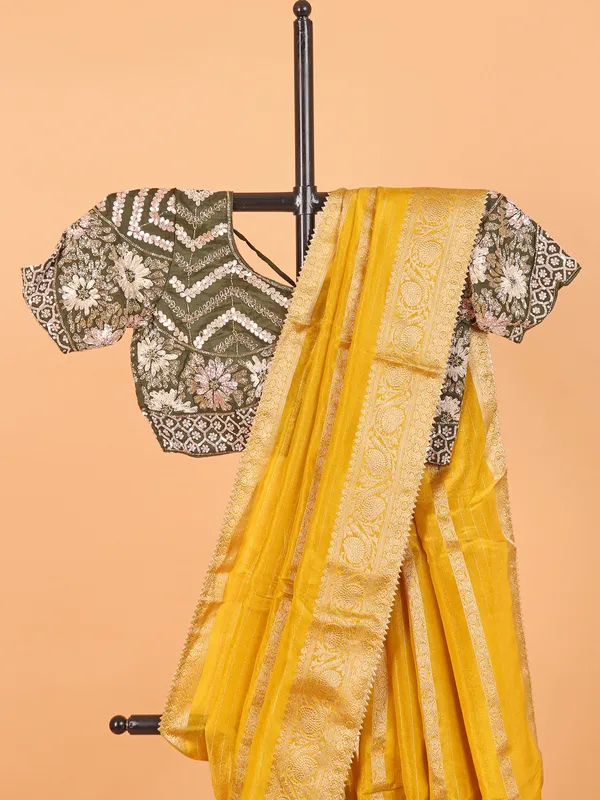Mustard yellow saree in soft organza