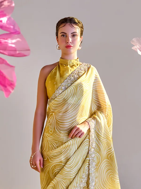 Mustard yellow satin printed saree