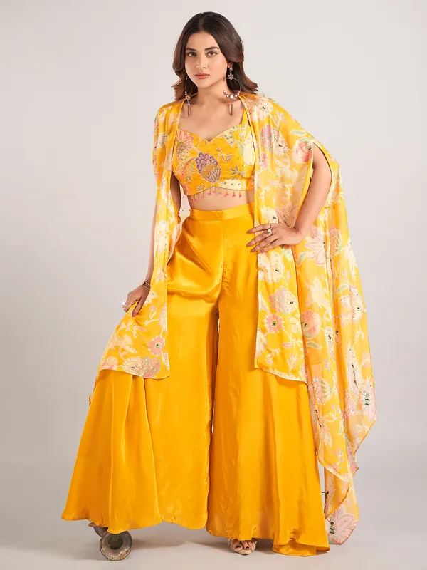 Mustard yellow satin silk jacket style palazzo suit