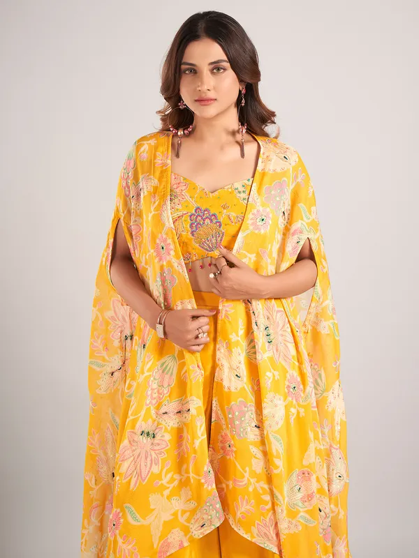 Mustard yellow satin silk jacket style palazzo suit
