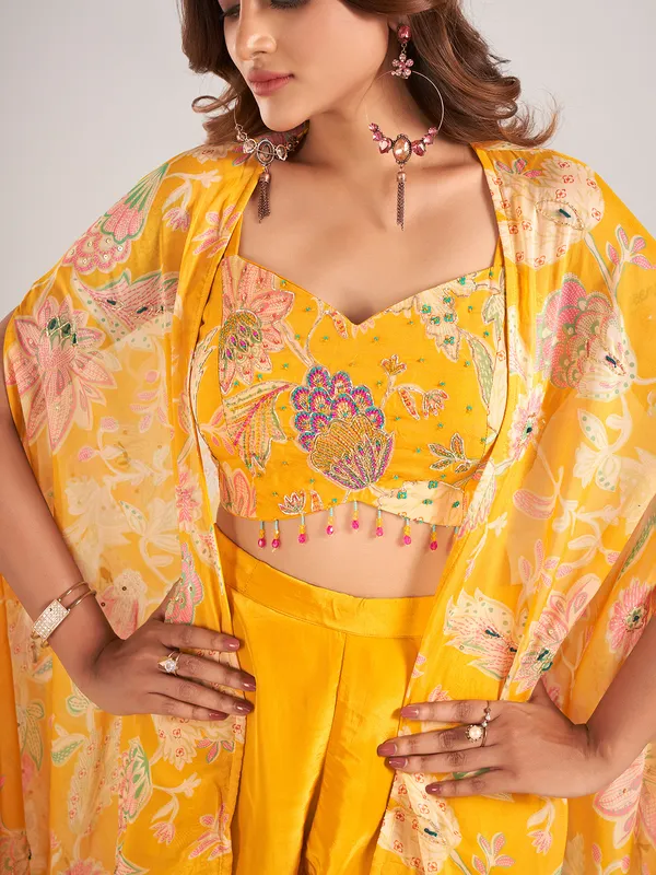 Mustard yellow satin silk jacket style palazzo suit