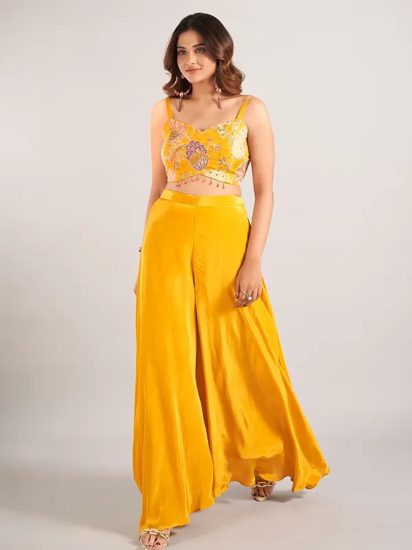 Mustard yellow satin silk jacket style palazzo suit