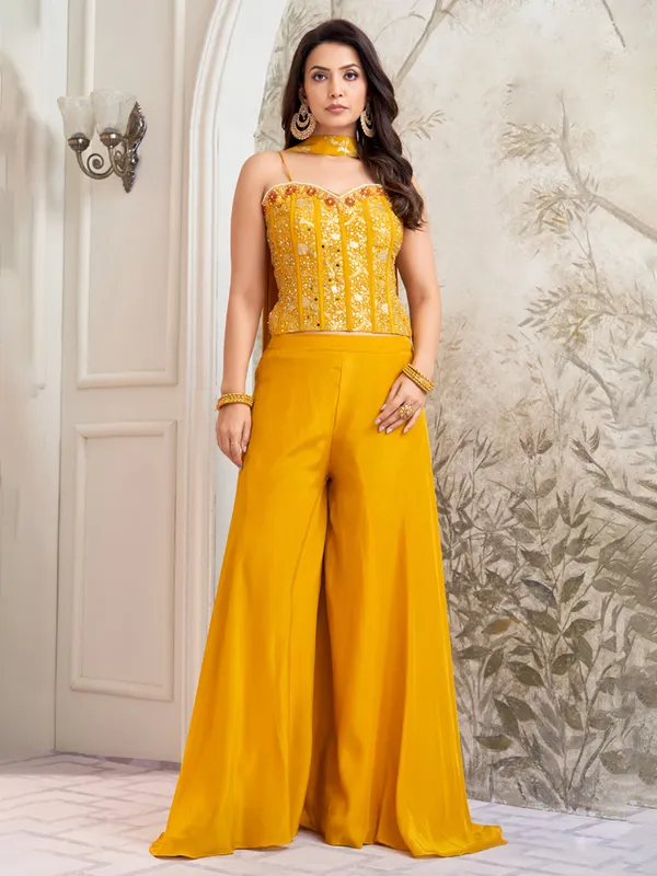Mustard yellow satin silk palazzo suit for wedding wear