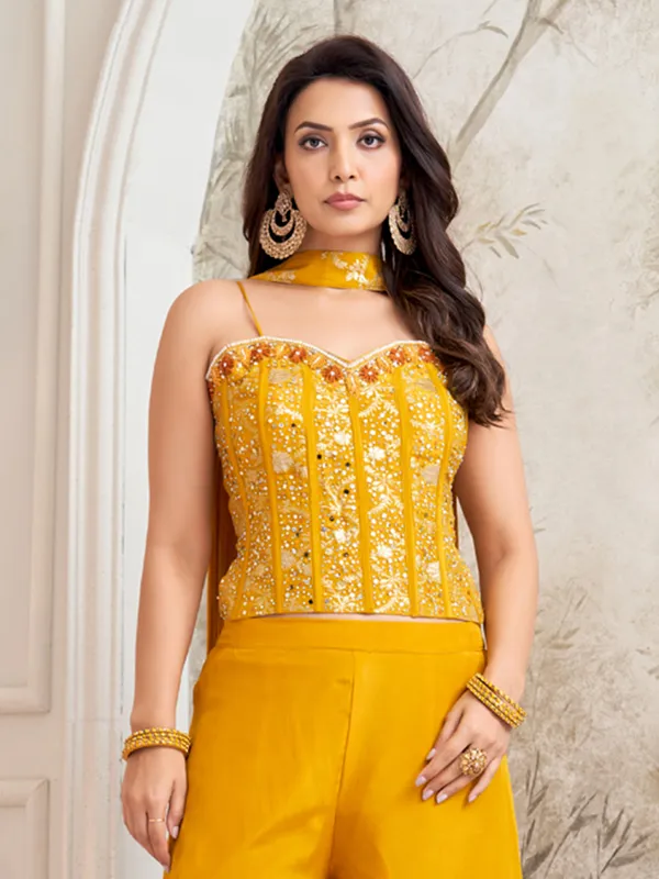 Mustard yellow satin silk palazzo suit for wedding wear