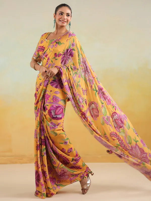 Mustard yellow satin silk printed saree