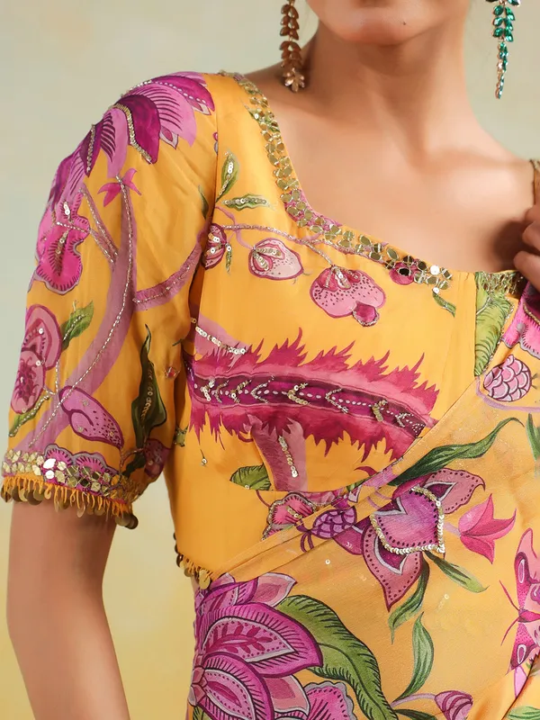 Mustard yellow satin silk printed saree