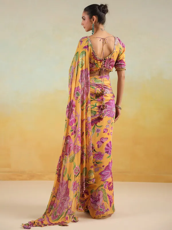 Mustard yellow satin silk printed saree