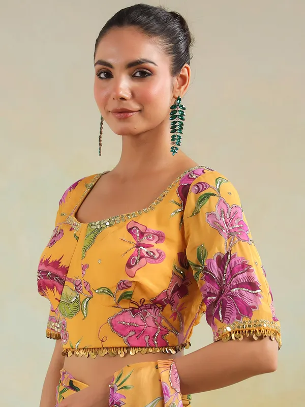 Mustard yellow satin silk printed saree