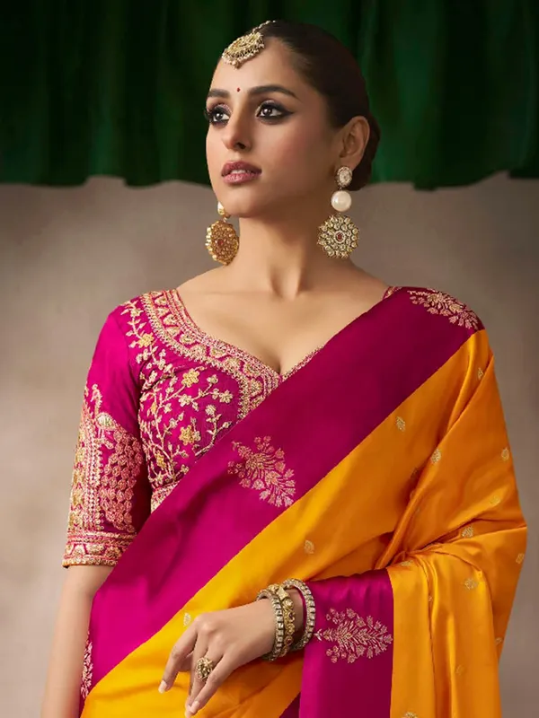 Mustard yellow satin silk saree with timeless elegance