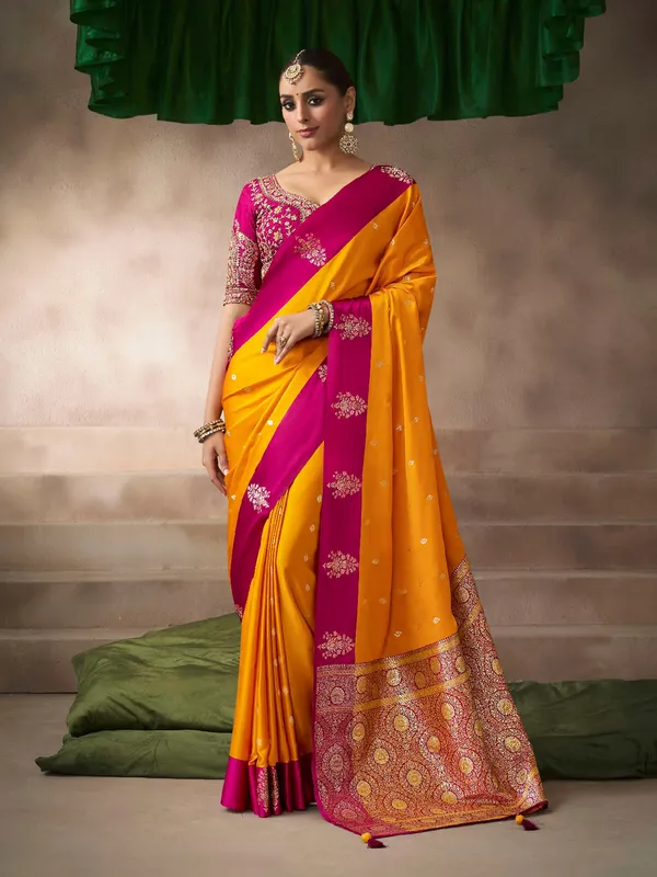 Mustard yellow satin silk saree with timeless elegance