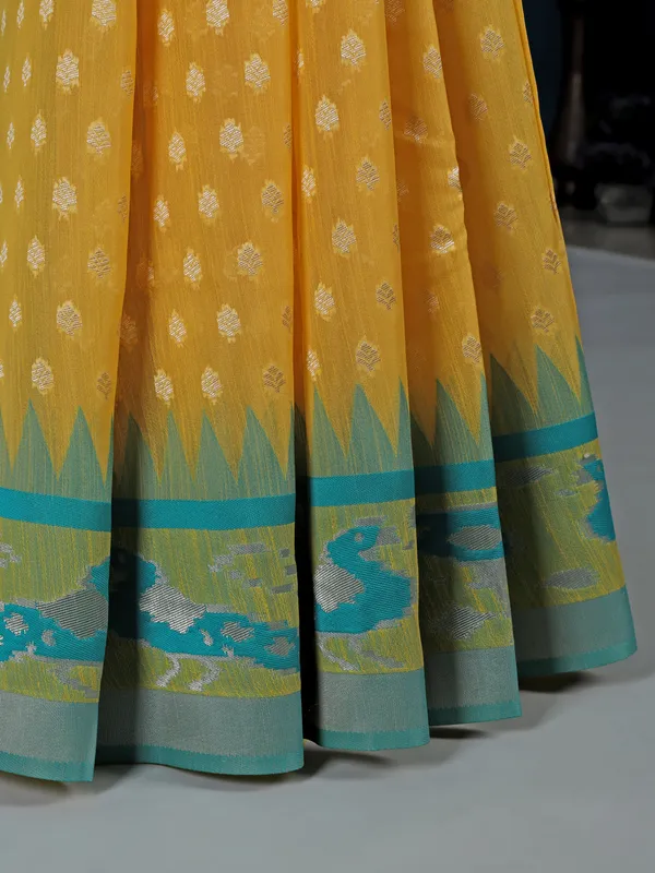 Mustard yellow semi cotton silk saree