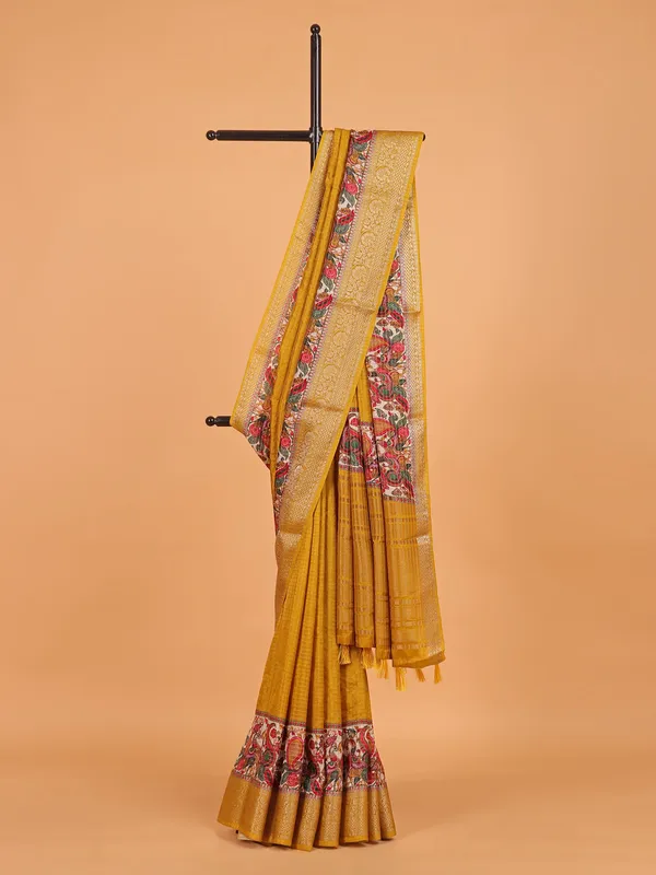 Mustard yellow semi dola silk saree for festive