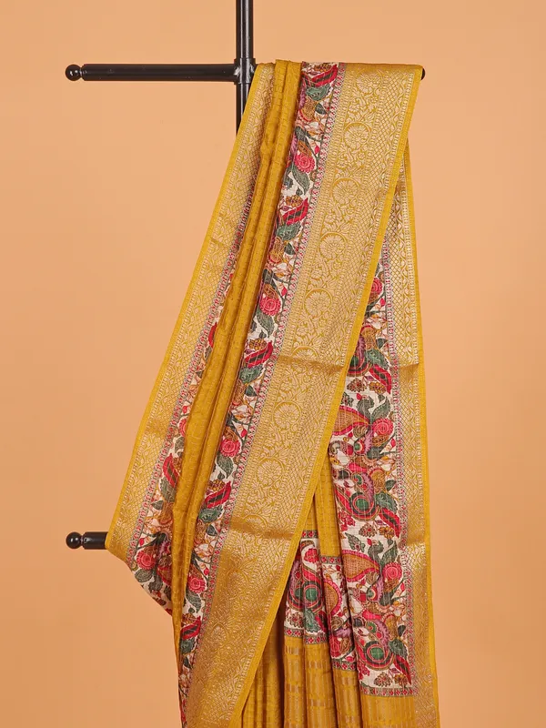Mustard yellow semi dola silk saree for festive