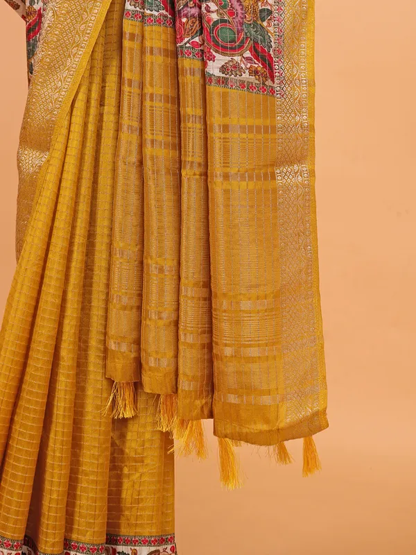 Mustard yellow semi dola silk saree for festive