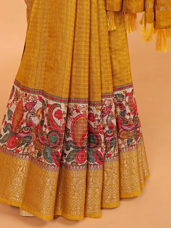 Mustard yellow semi dola silk saree for festive