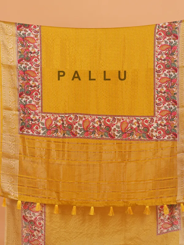 Mustard yellow semi dola silk saree for festive