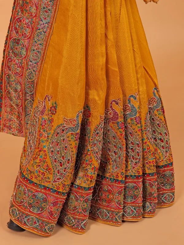 Mustard yellow semi pashmina saree for haldi