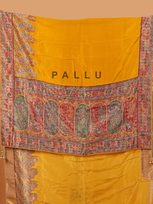 Mustard yellow semi pashmina saree for haldi