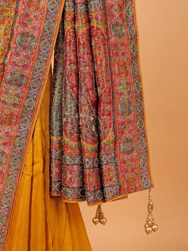 Mustard yellow semi pashmina saree for haldi