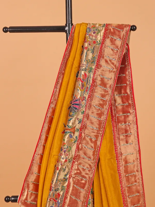 Mustard yellow semi pashmina saree for wedding