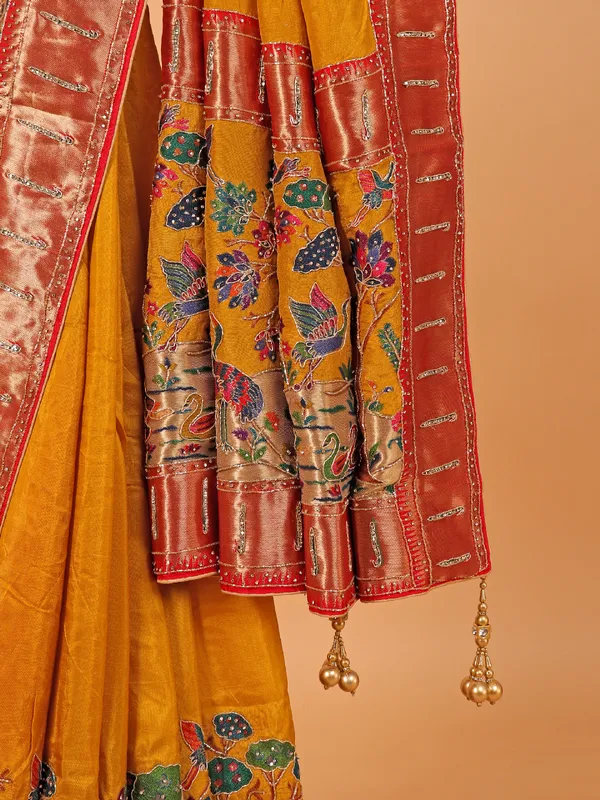 Mustard yellow semi pashmina saree for wedding