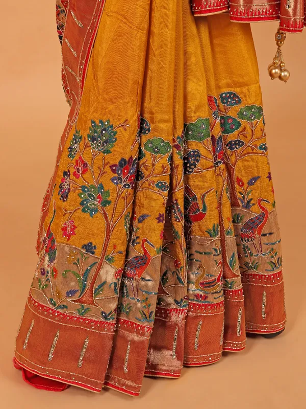 Mustard yellow semi pashmina saree for wedding