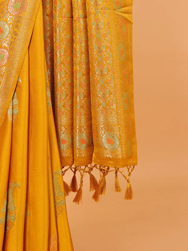 Mustard yellow semi silk saree for festive