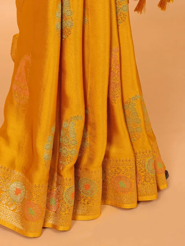 Mustard yellow semi silk saree for festive