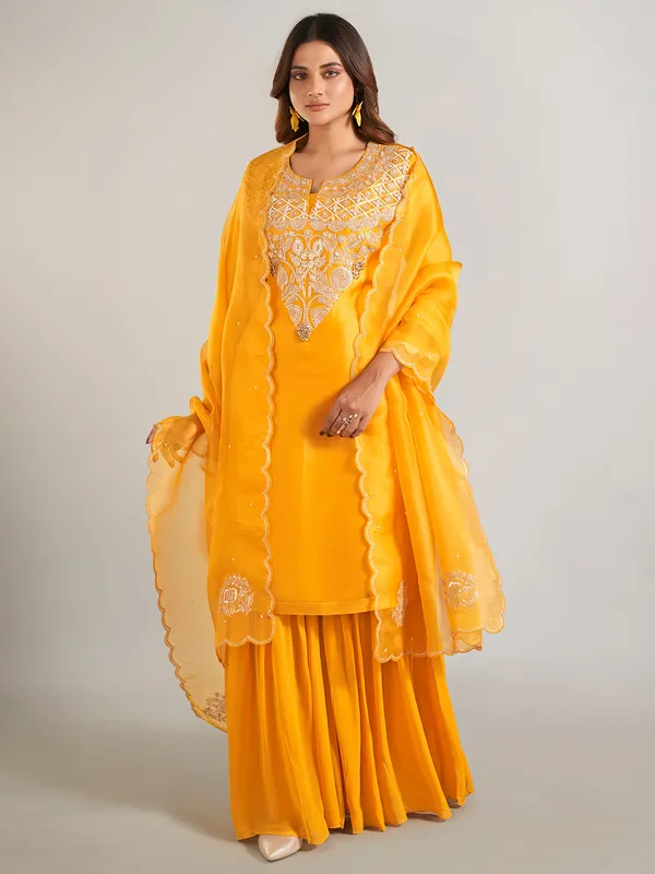 Mustard yellow sharara suit in silk
