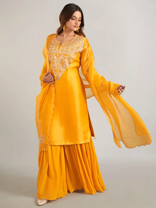 Mustard yellow sharara suit in silk