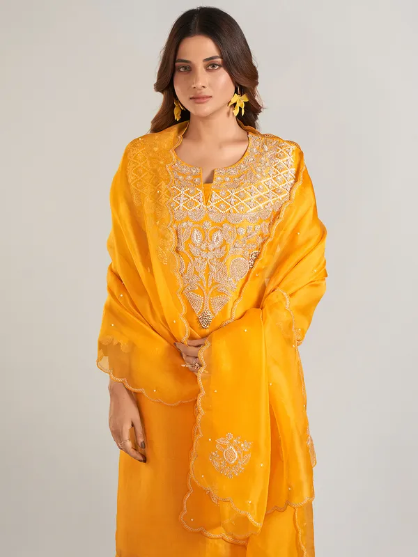Mustard yellow sharara suit in silk