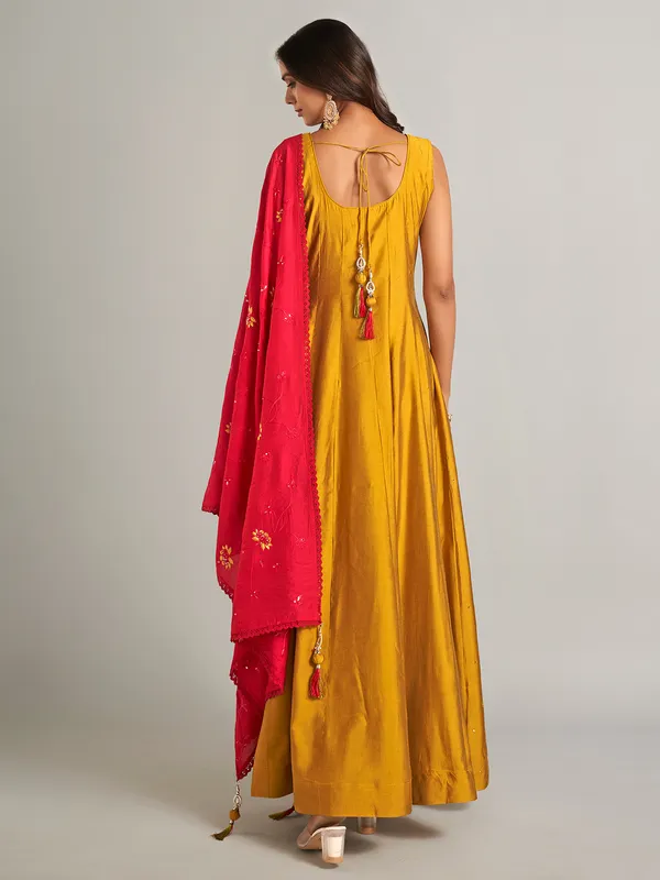 Mustard yellow silk anarkali salwar suit