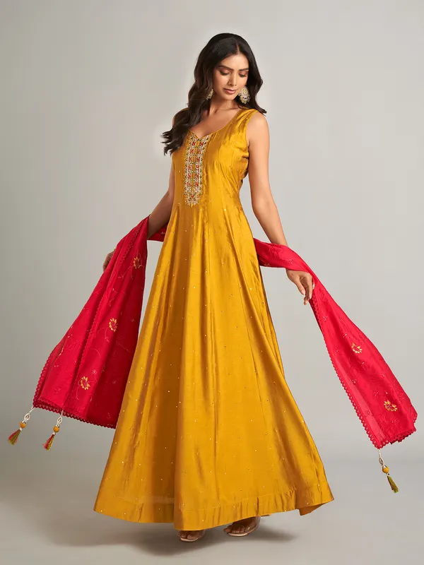 Mustard yellow silk anarkali salwar suit