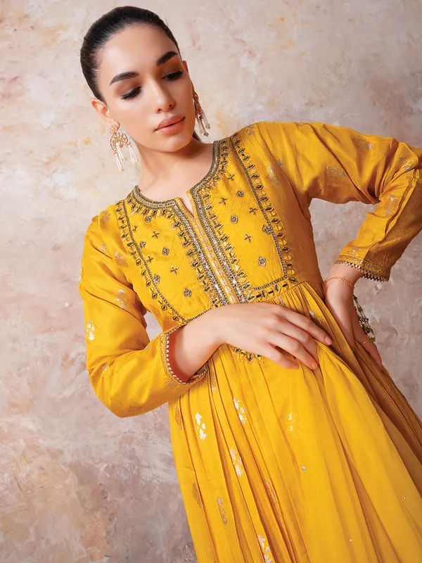Mustard yellow silk designer suit for festive