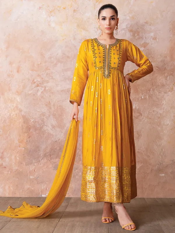 Mustard yellow silk designer suit for festive