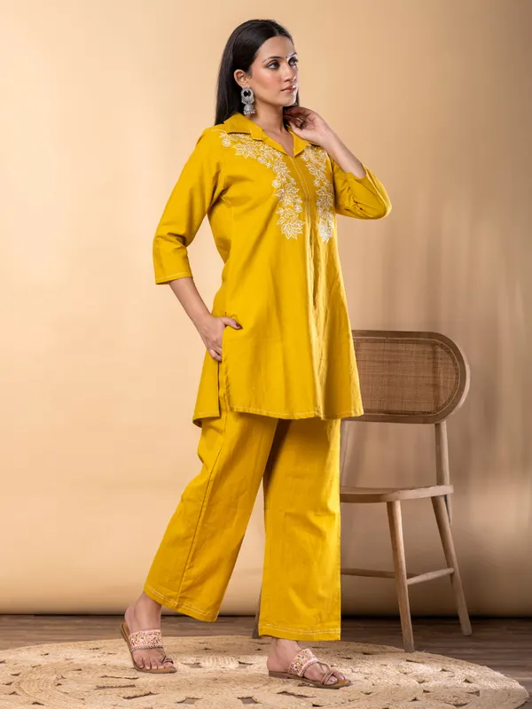 Mustard yellow silk embroidered co ord set