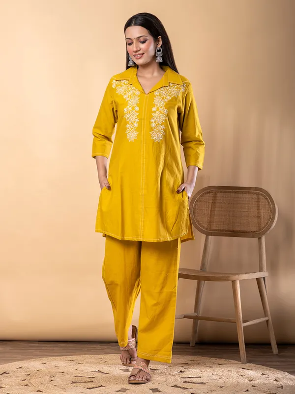 Mustard yellow silk embroidered co ord set