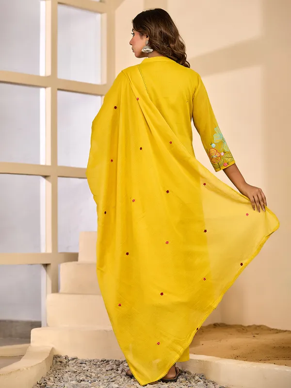 Mustard Yellow silk embroidered kurti set