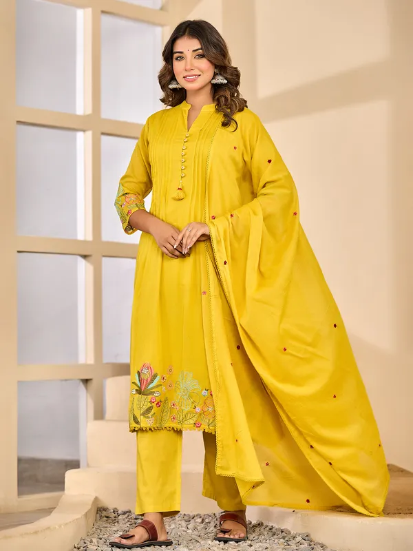 Mustard Yellow silk embroidered kurti set
