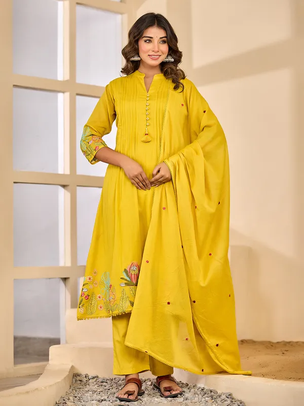 Mustard Yellow silk embroidered kurti set