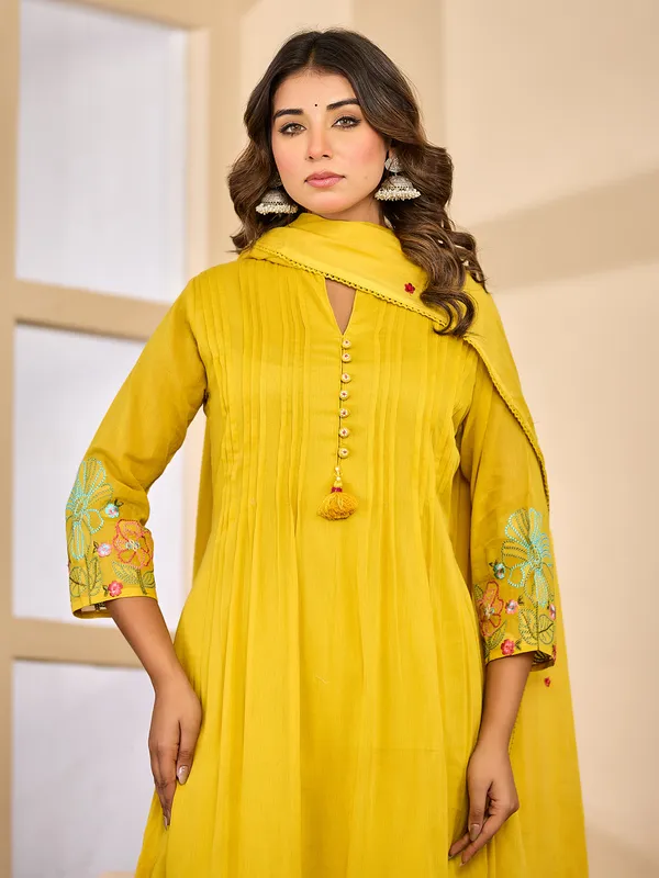 Mustard Yellow silk embroidered kurti set